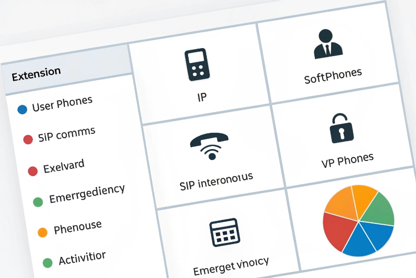 PBX extension dashboard showing IP phones, softphones, SIP intercoms and usage pie chart