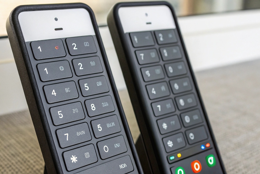 Pair of modern IP call station handsets with tall numeric keypads and status LEDs