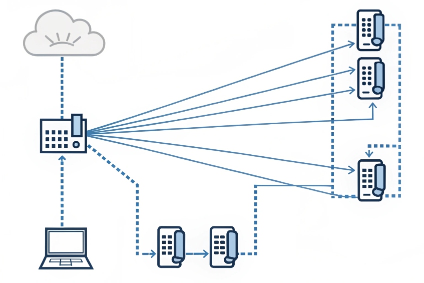 Line diagram showing PBX extension broadcasting a call to multiple desk phones