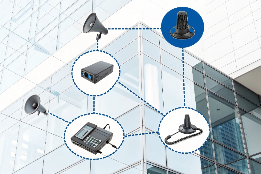 Building network diagram showing SIP paging speakers, IP audio gateway, desktop console and microphone