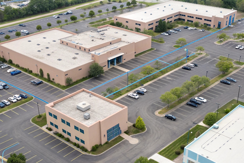 Aerial view of multi-building campus with blue path showing outdoor VoIP / paging network run
