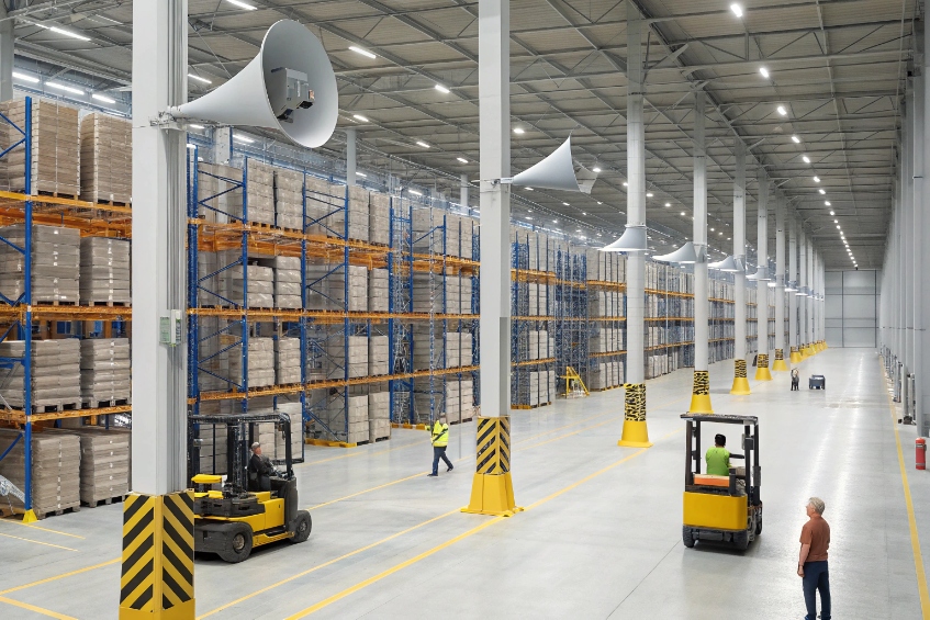 Large warehouse interior with industrial IP horn speakers mounted along columns