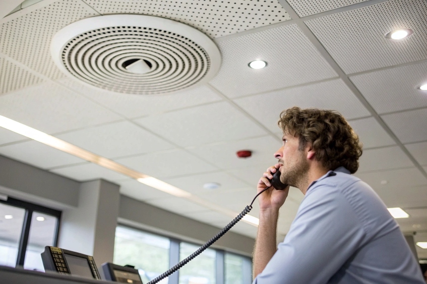 Control room operator on desk phone beneath ceiling speaker for overhead paging