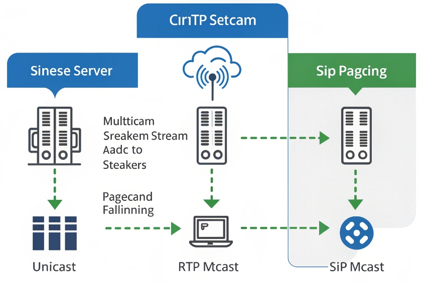 Diagram of SIP paging architecture from unicast streaming server to RTP multicast and SIP multicast endpoints
