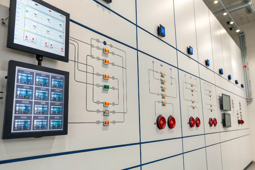 Industrial control room wall with touchscreens and schematics for monitoring paging and alarm I/O