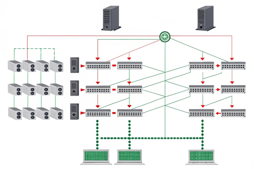 Redundant IP audio network topology with servers, switches, edge devices and monitoring workstations