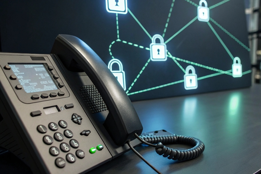 Encrypted SIP desk phone in front of secure network lock diagram