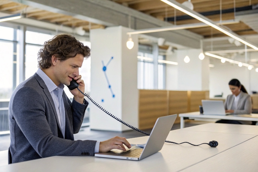Knowledge worker on SIP desk phone while using laptop in open office