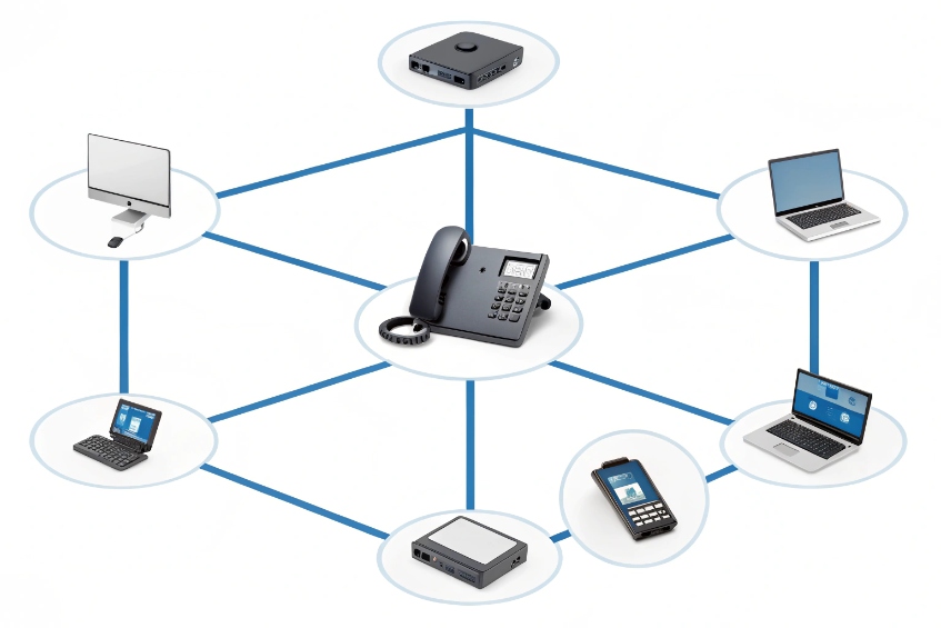 Unified communications mesh linking SIP desk phone with PCs, laptops, softphones and gateways