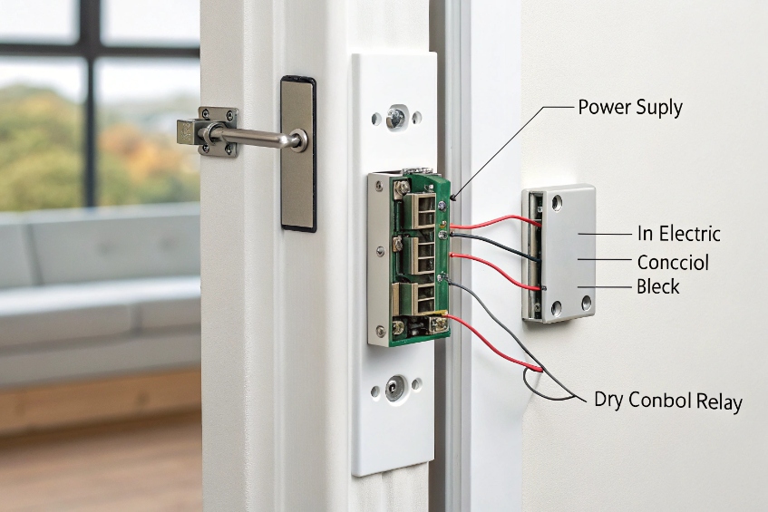 Door strike wiring showing power supply, control board and dry contact relay connections