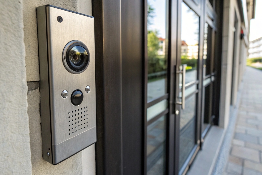 Brushed metal IP video door station with camera, call button and speaker grill by building entrance