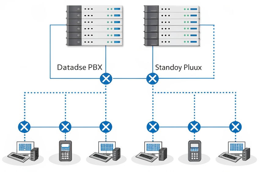 High-availability PBX architecture diagram showing primary and standby servers with IP phones and operator consoles
