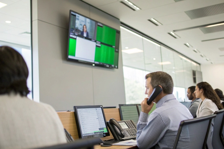 Operations center staff on IP phones monitoring multiple screens and video wall