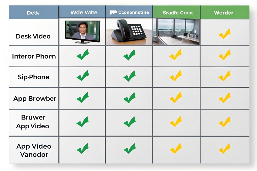 Feature comparison table for desk video, intercom phone, SIP phone and app-based video endpoints