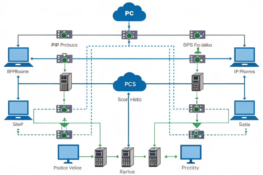Hybrid IP video and intercom network diagram with PCs, servers and SIP door stations