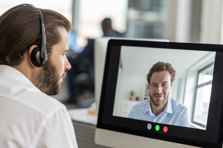 Employee on headset in video meeting with remote colleague on desktop screen