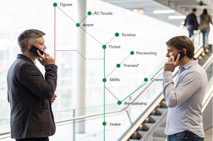 Two callers overlaid with skill based call routing map