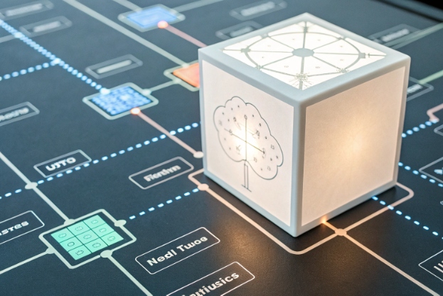 Illuminated cube representing AI engine on network workflow diagram