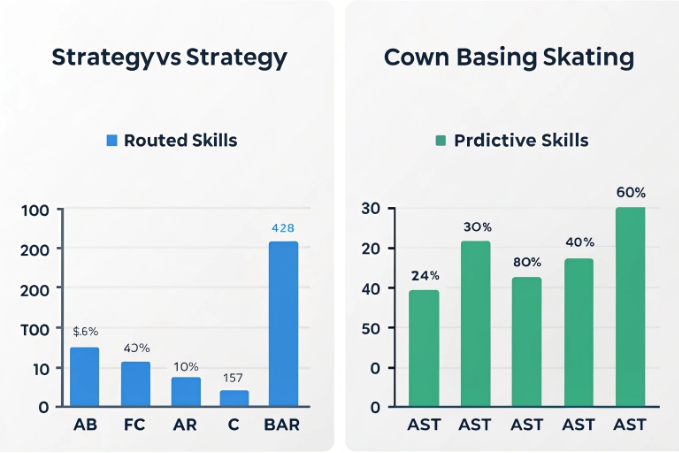 Bar charts comparing routed skills and predictive dialing performance metrics