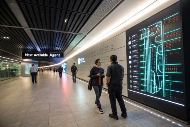 Digital signage showing next available agent in futuristic service hallway