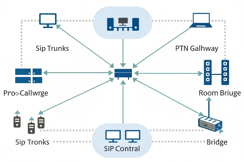 Diagram of SIP control server routing calls between SIP trunks, PSTN gateway, bridges and room systems