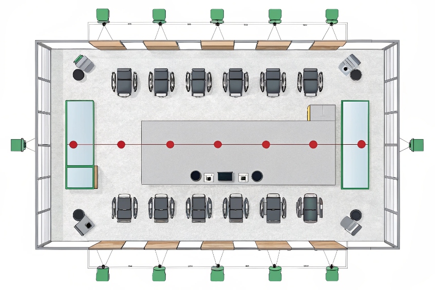 Top-down layout of large conference room with table, chairs and distributed AV devices