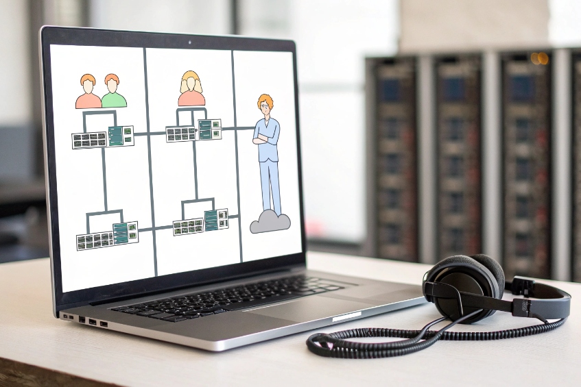 Laptop showing simplified multi-site VoIP topology with headset on desk in front of server racks