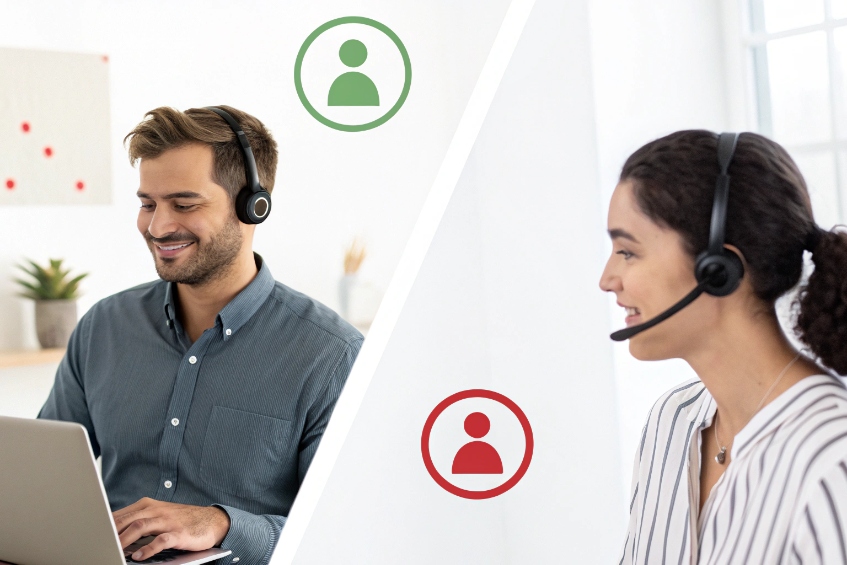 Two remote agents on headsets in online meeting with presence status icons for available and busy