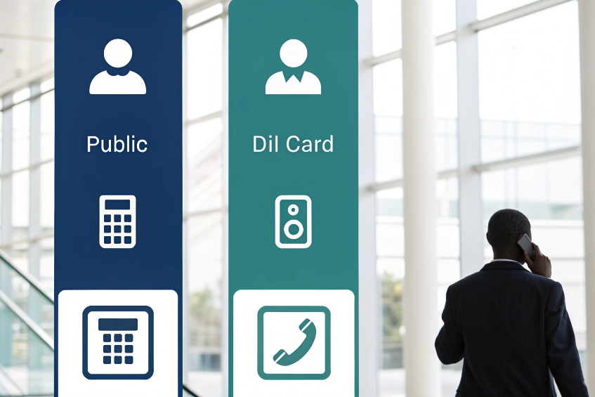 Lobby-style graphic comparing public phone access and dial card / paging access for business callers