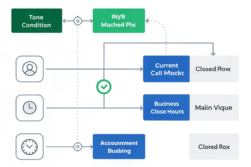 Call routing logic flowchart with caller type, business hours and time conditions