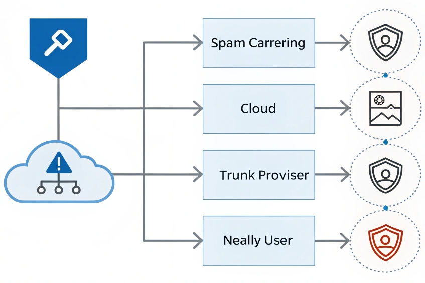 Cloud security policy diagram distributing protection to spam carrier, trunk provider and end user