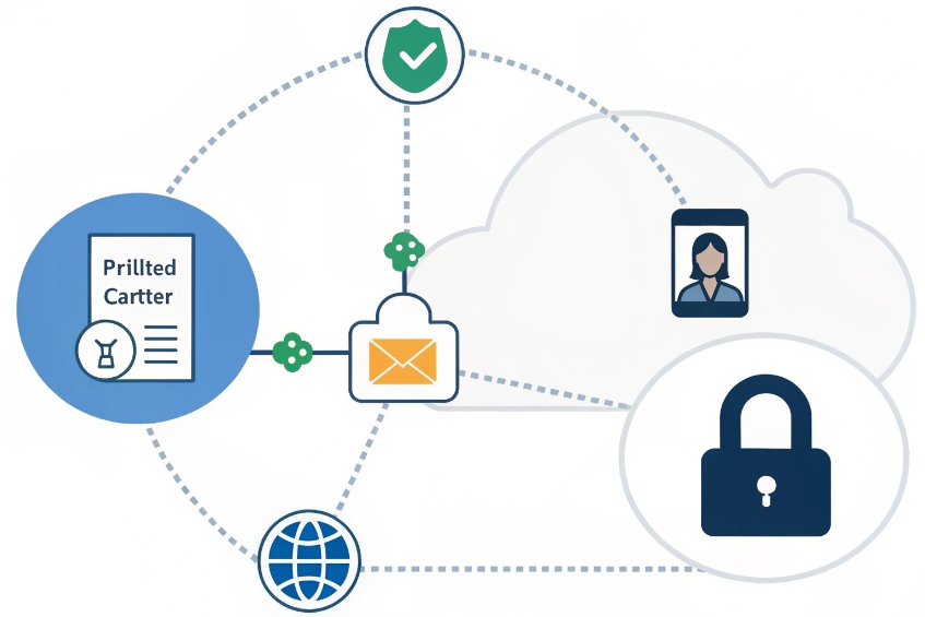 Cloud security infographic showing encrypted messaging, identity, and compliance controls