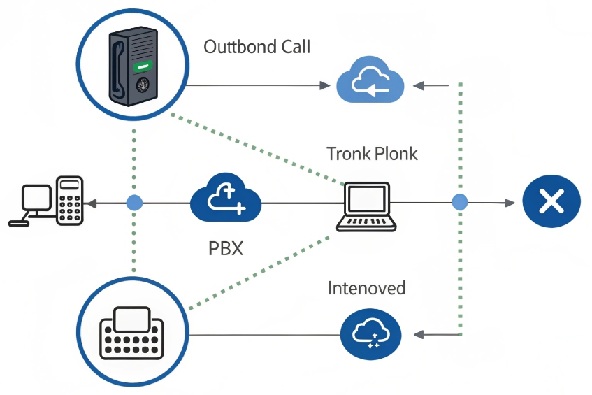 Diagram of outbound PBX call routing through SIP trunk and internet fax services