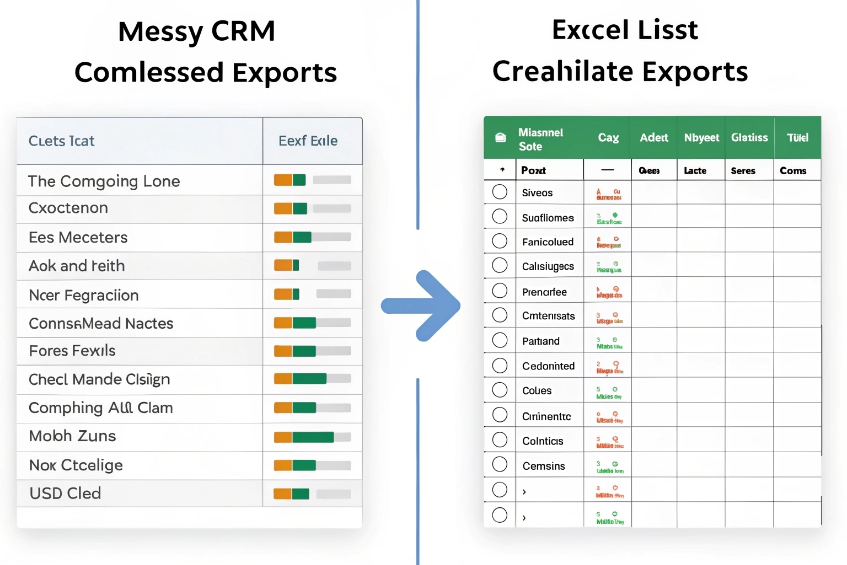 Side-by-side view of messy CRM export transformed into a clean, structured Excel calling list