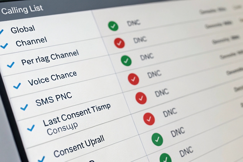Compliance calling list dashboard showing per-channel DNC flags and opt-in statuses