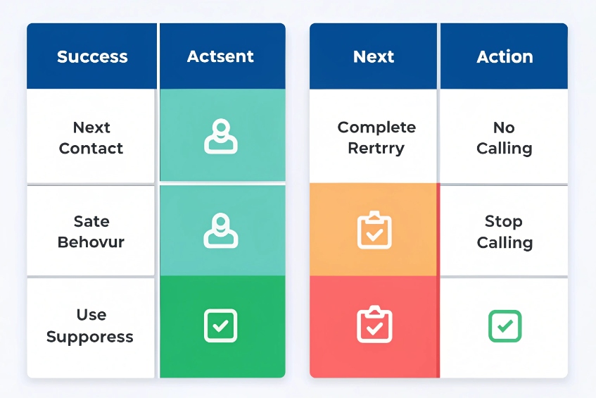 Outcome matrix mapping contact result to agent action, next step, and whether to keep or stop calling