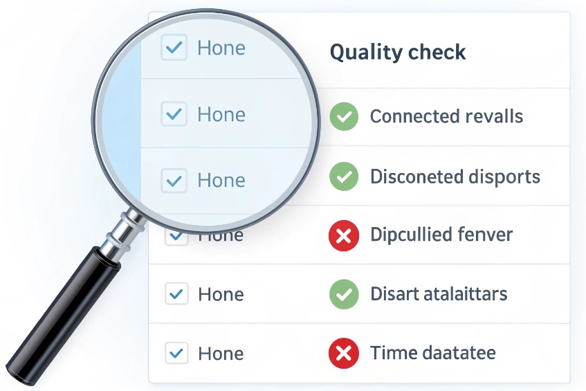 Magnifying glass highlighting a quality checklist of connected calls, bad numbers, and data issues