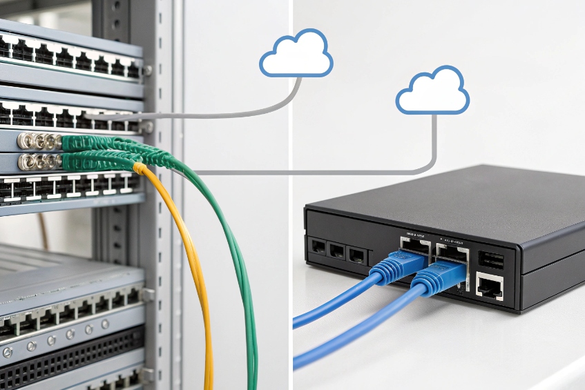 Ethernet cabling from on-premise switch into compact SIP gateway appliance with cloud icons showing trunk connections