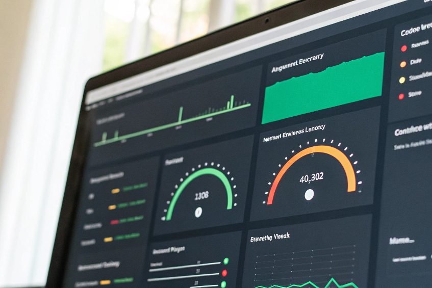 Dark-themed analytics dashboard showing VoIP quality, call volume and performance metrics on a laptop screen