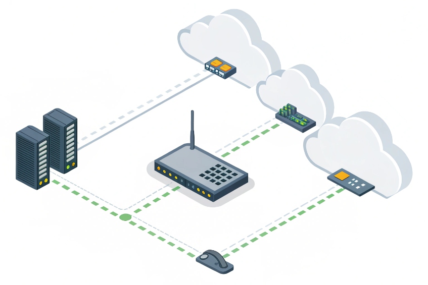 Isometric network diagram of on-prem servers, edge router, IP desk phone and multiple carrier clouds for redundant SIP trunks
