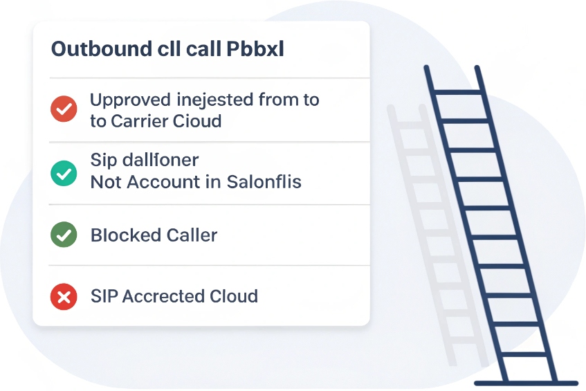 Checklist of outbound call validation rules with pass/fail indicators in front of a cloud background and ladder icon