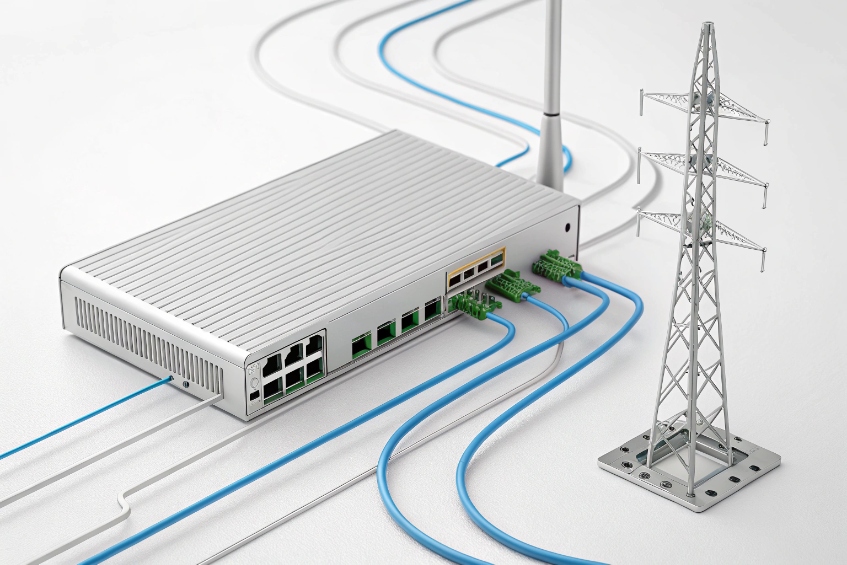 Industrial cellular router with Ethernet and serial cables connected beside a model transmission tower