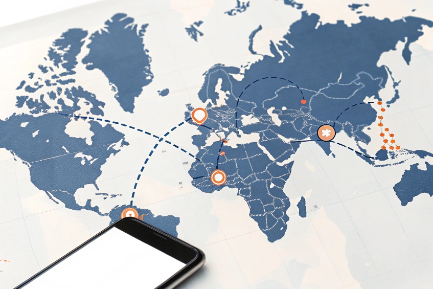 Smartphone lying on a world map with dotted lines and location pins showing international routes