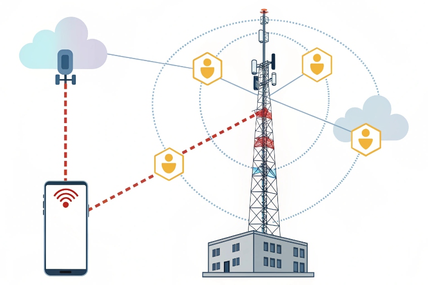 Illustrated mobile network with a cell tower, smartphone, clouds and user icons connected by secure links