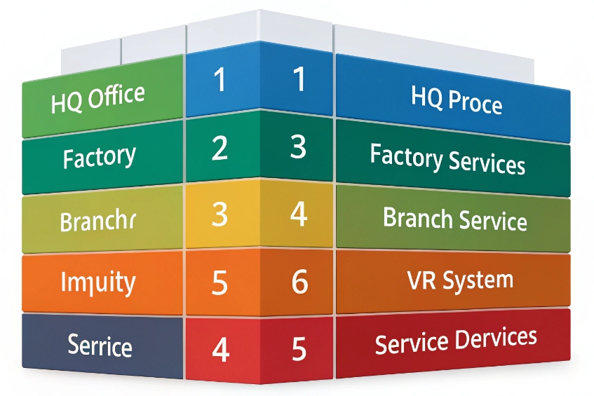 Colorful 3D block diagram listing locations such as HQ Office, Factory, Branch and Service mapped to corresponding services like HQ Process, Factory Services and VR System