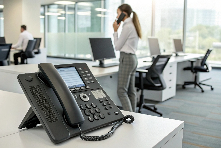 Close-up of an IP phone on a desk in an open office, with an employee in the background talking on another phone