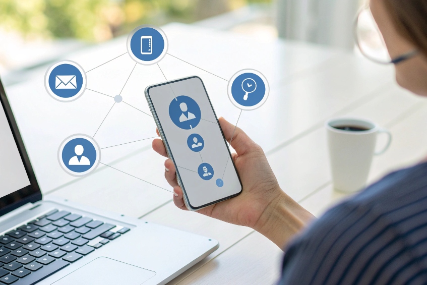 Person holding a smartphone with contact icons on the screen, next to a laptop, with floating icons representing email, phone and calendar connections
