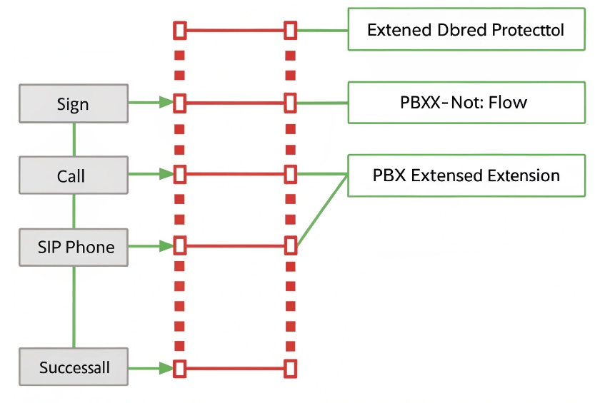 Simple call-flow diagram showing steps Sign, Call, SIP Phone and Successall connected through red dashed blocks to PBX features like Extended DBred Protecttol and PBX Extensed Extension