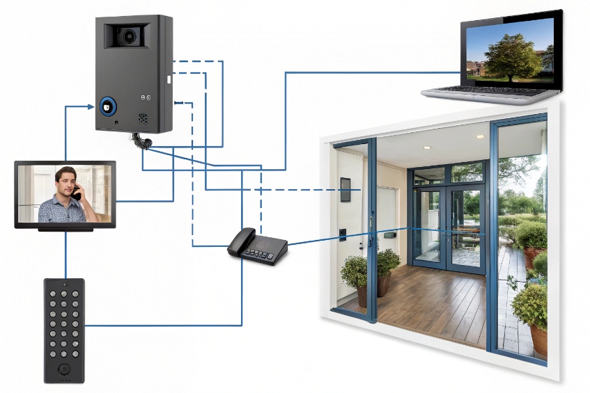 Diagram of a video door intercom wired to an indoor monitor, SIP desk phone, remote control keypad, entrance door strike and a laptop for management