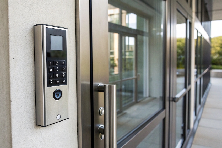 Close-up of a stainless steel keypad and display mounted beside a glass entrance door, used for PIN or card-based building access